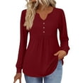 thumbnail image 5 of HVOBTTY Women's Long Sleeved T Shirt, Fall and Winter Tops for Women, Women's Casual Solid Color Long Sleeve V Neck Loose Button Lightweight T Shirt Wine, Wine, 5 of 5