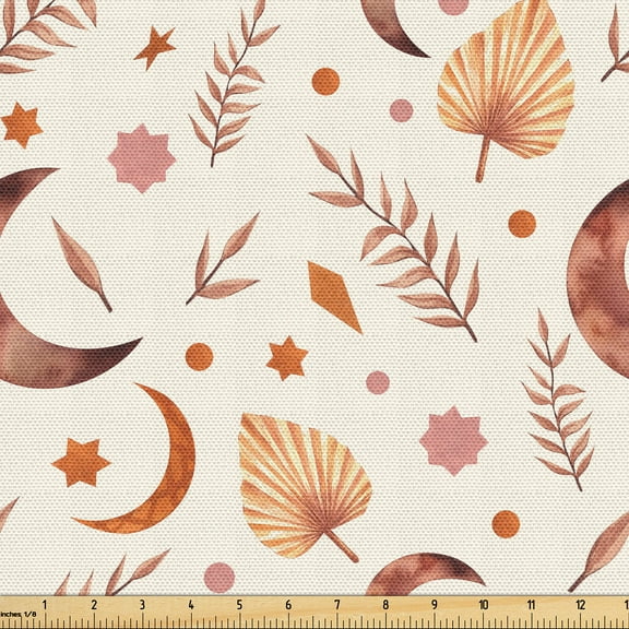 Ambesonne Boho Fabric by the Yard Upholstery, Moon Leaves Circles Stars Art, 1 Yard, Pale Caramel Cream and White