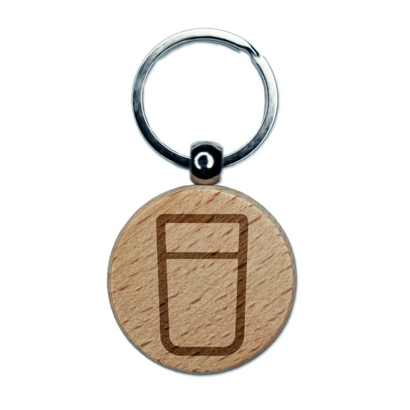 Drinking Glass Icon Round Keychain Charm Tag - Engraved Wood