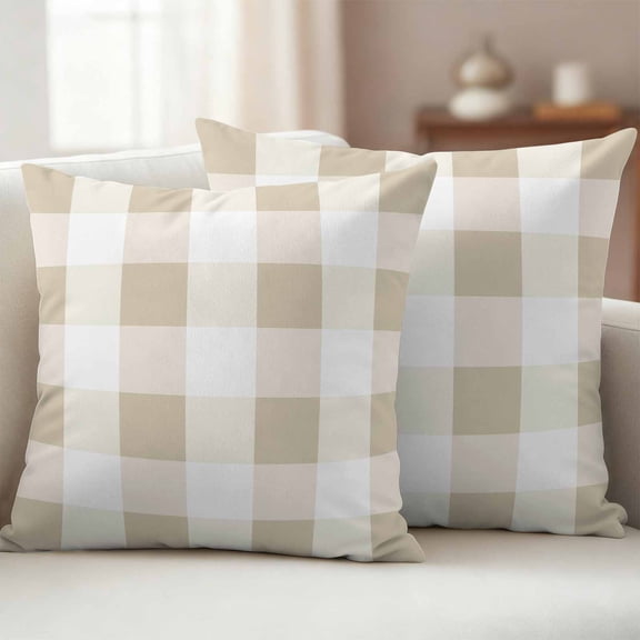 Pack of 2 Outdoor Pillow Covers,Waterproof Beige Plaid Throw Pillow Covers,Spring Summer Farmhouse Buffalo Checkered Decorative Pillowcases Cushion Covers for Couch Pillow Sham Protector 16x16 Inch