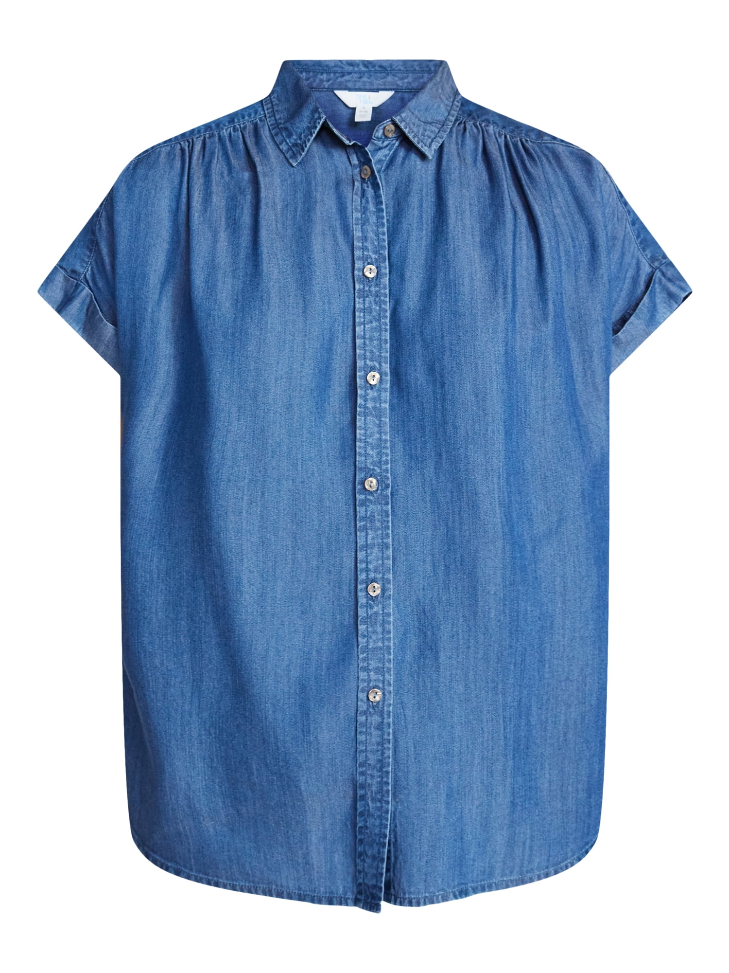 Time and Tru Women's Chambray Camp Shirt with Short Sleeves, Sizes XS-XXXL