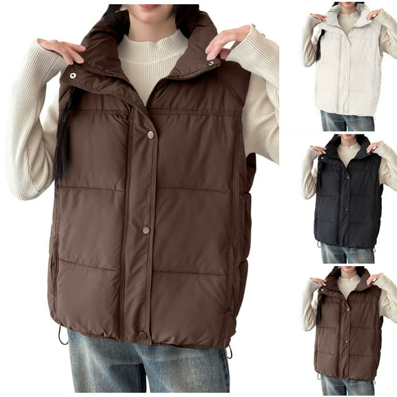 jtjvou Puffer Jacket for Women Padded Plus Size Sleeveless Lightweight Down Outerwear Zipper Button Winter Warm Gilet Jackets Black L