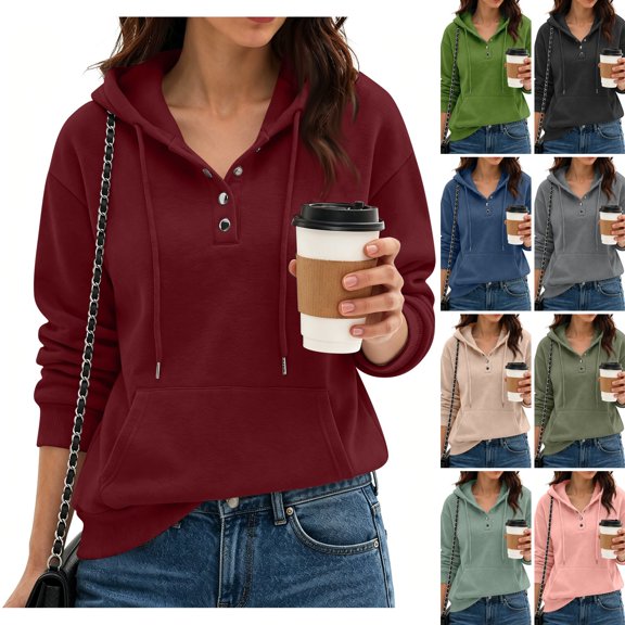 Evdexr Hoodies for Women Casual Button Collar Long Sleeve Hooded Sweatshirt Pullover 2026 Fall Winter Oversized Tops With Pocket Wine M