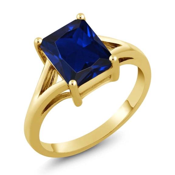 Gem Stone King 18K Yellow Gold Plated Silver Blue Created Sapphire Solitaire Engagement Ring for Women (2.70 Cttw, Emerald Cut 9X7MM, Gemstone September Birthstone, Size 6)