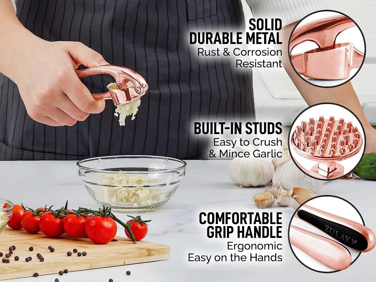 Zulay Kitchen Garlic Press with Soft Easy-Squeeze Ergonomic Handle - Duchess Rose Gold