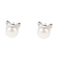 thumbnail image 1 of Pendientes de botón con aguja, pendientes de perla con gato, pendientes de plata bonitos, pendientes de plata 925, 1 of 6