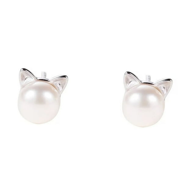 Pendientes Stud Aguja Gato Pendientes de perlas de plata Cute 925 Pendientes de plata