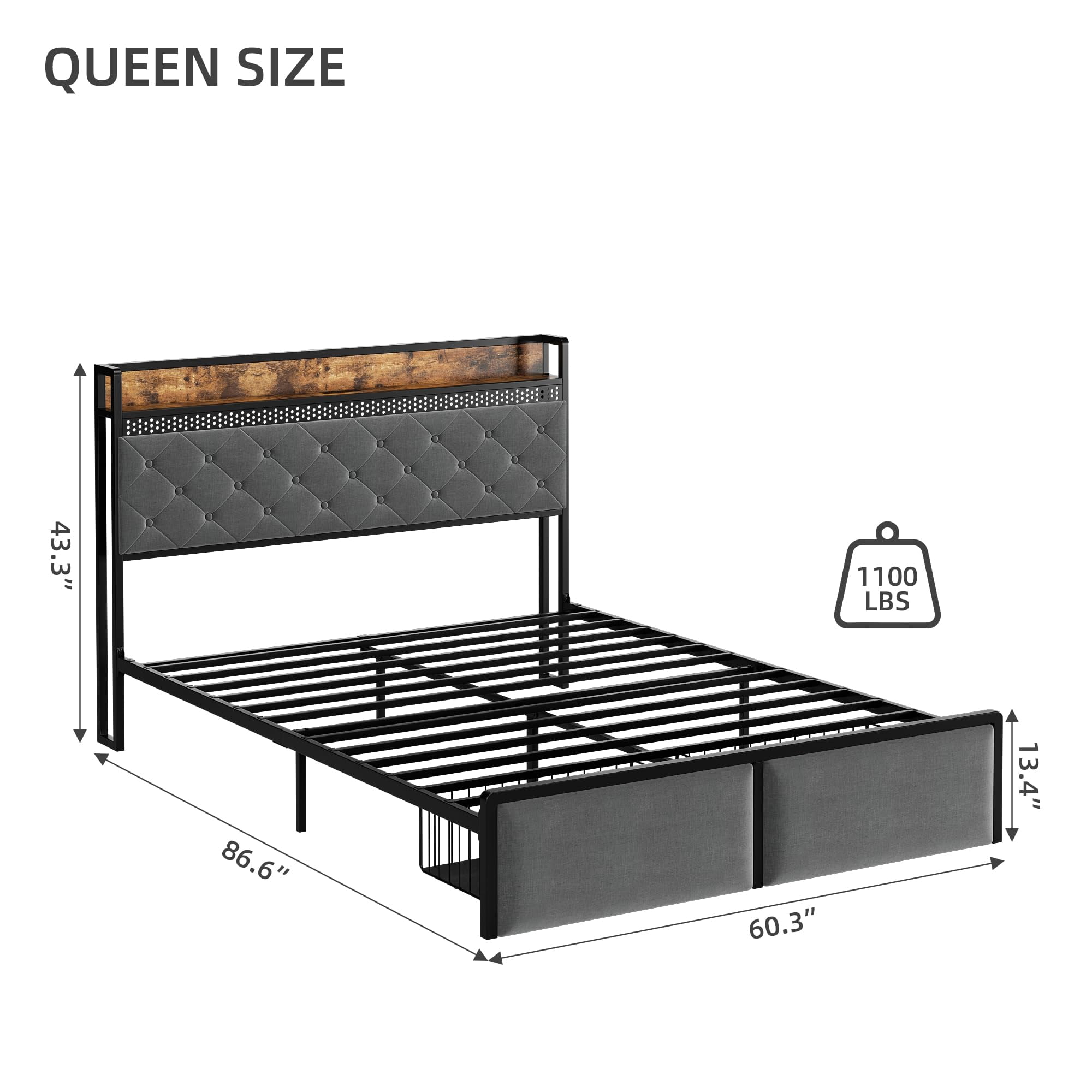 TROPOW King Size Bed Frame,Upholstered Platform Bed Frame with Storage Headboard and Charging Station, Metal Bed Frame with LED Lights and 2 Drawers, Noise Free, No Box Needed, Gray