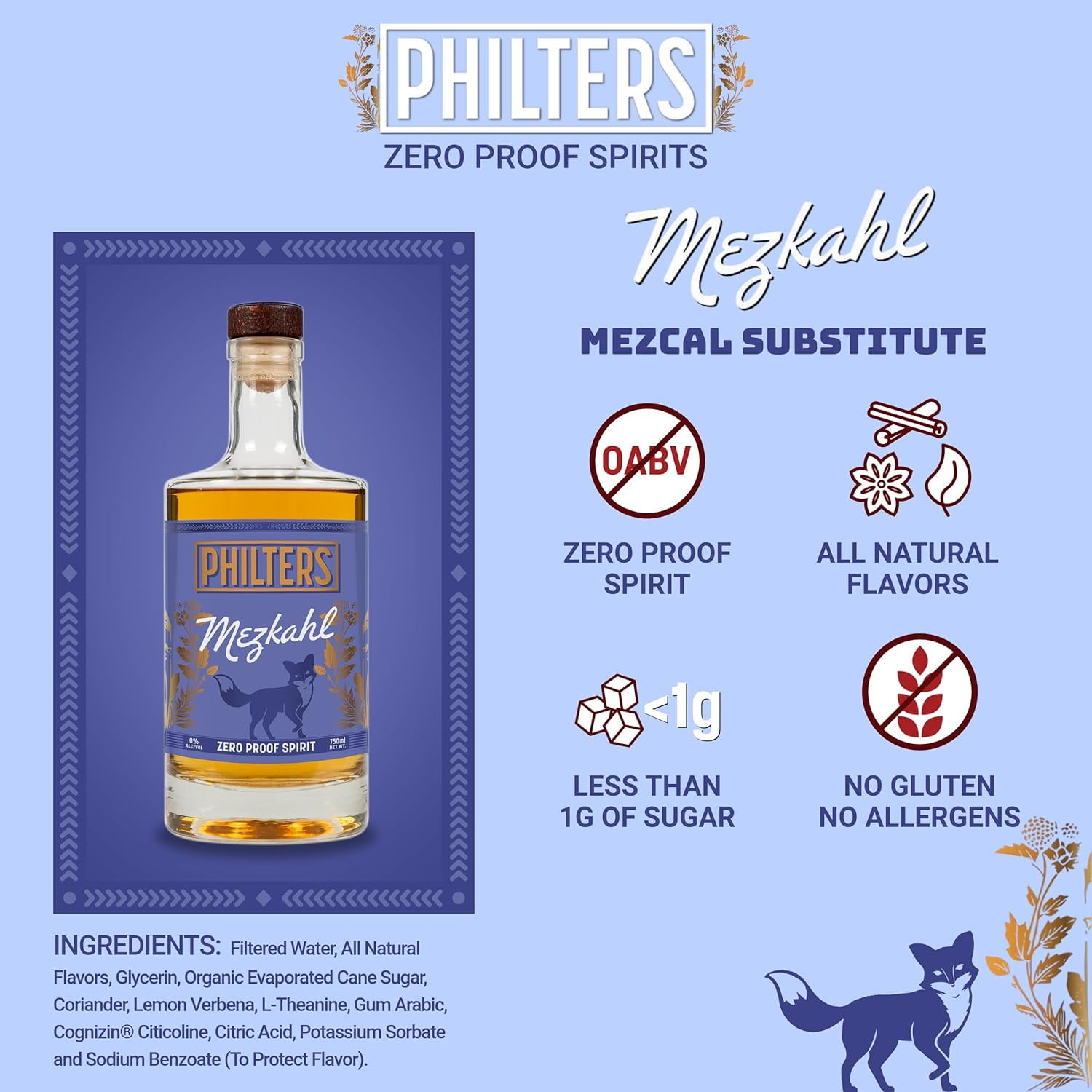 Philters Non-Alcoholic Mezkahl, Zero Proof Mezcal Spirit, Alternative Drink, Natural Flavors, 25 Fl Oz