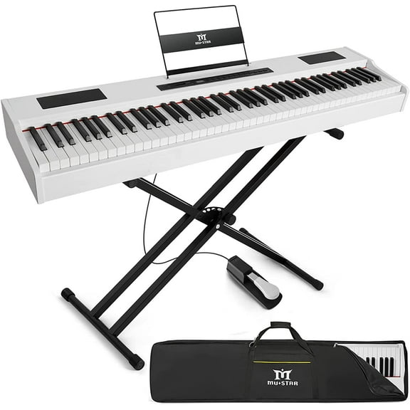 MUSTAR Weighted Digital Keyboard Piano 88 Keys Hammer Action with Stand, Bluetooth, Portable Case, Sustain Pedal (White)