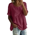 thumbnail image 3 of Loopsun Women Summer Tops Round Neck Short Sleeve Gathered Waist Linen Loose Blouse, 3 of 5