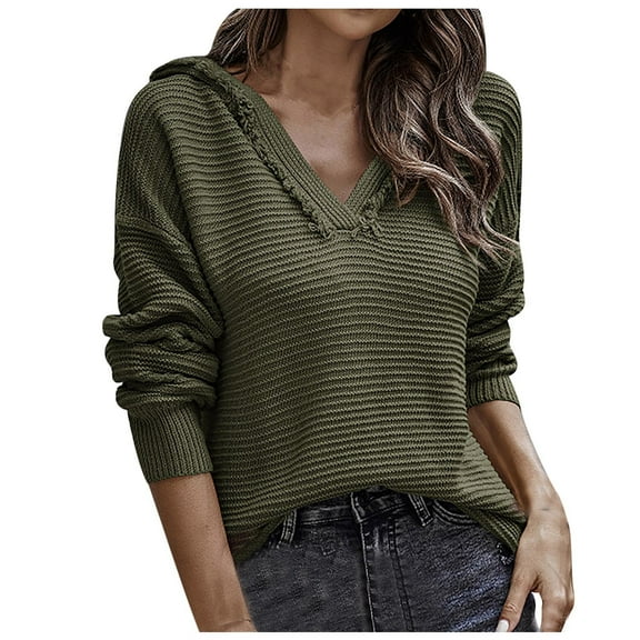 Sweater Women's Fashion Long Sleeves V-Neck Loose Tops Blouse Solid Color Hooded Knitted Sweater
