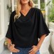 thumbnail image 3 of Tops fruncidos para mujer, cuello en V, manga corta de murciélago, blusa informal holgada de Color puro para mujer, para fiesta, oficina, viajes, negro M, 3 of 6