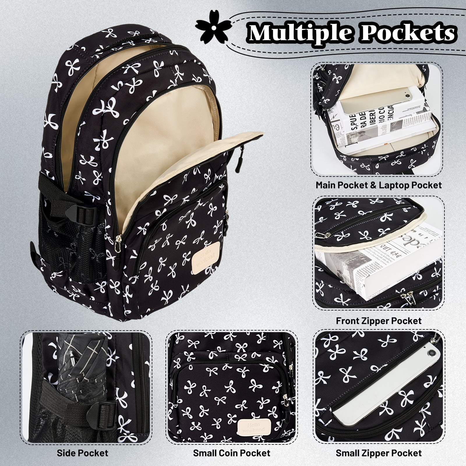 Dakimoe School Backpack Set with Cute Bow, Lightweight Bookbag - Black, Perfect for Elementary &  Middle School  Ages 4-12
