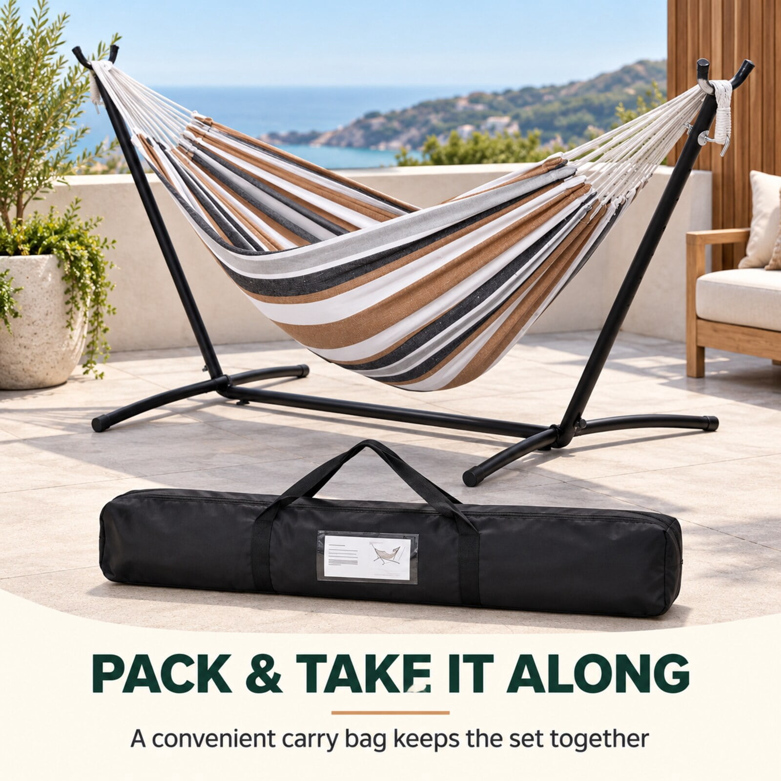 Inolait Portable Double Hammock with Stand, 2-Person Outdoor Hammock with Carrying Bag Stripe Pattern