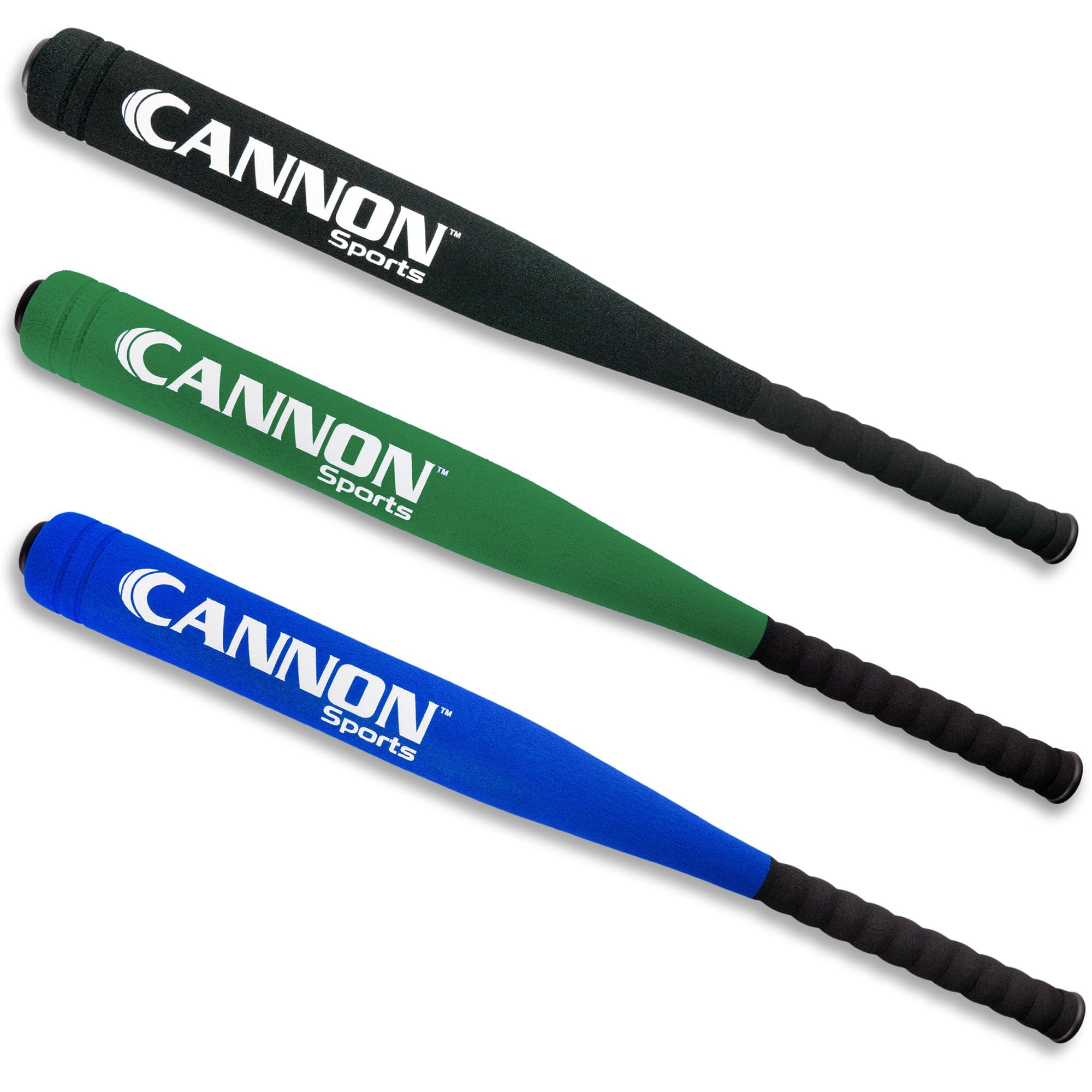 Cannon Sports Foam Baseball Softball Bat - 29-Inch Padded Training Bat with Strong Poly-Core – Soft Foam Practice Bat (Blue, Green, Black, 3 Bats)