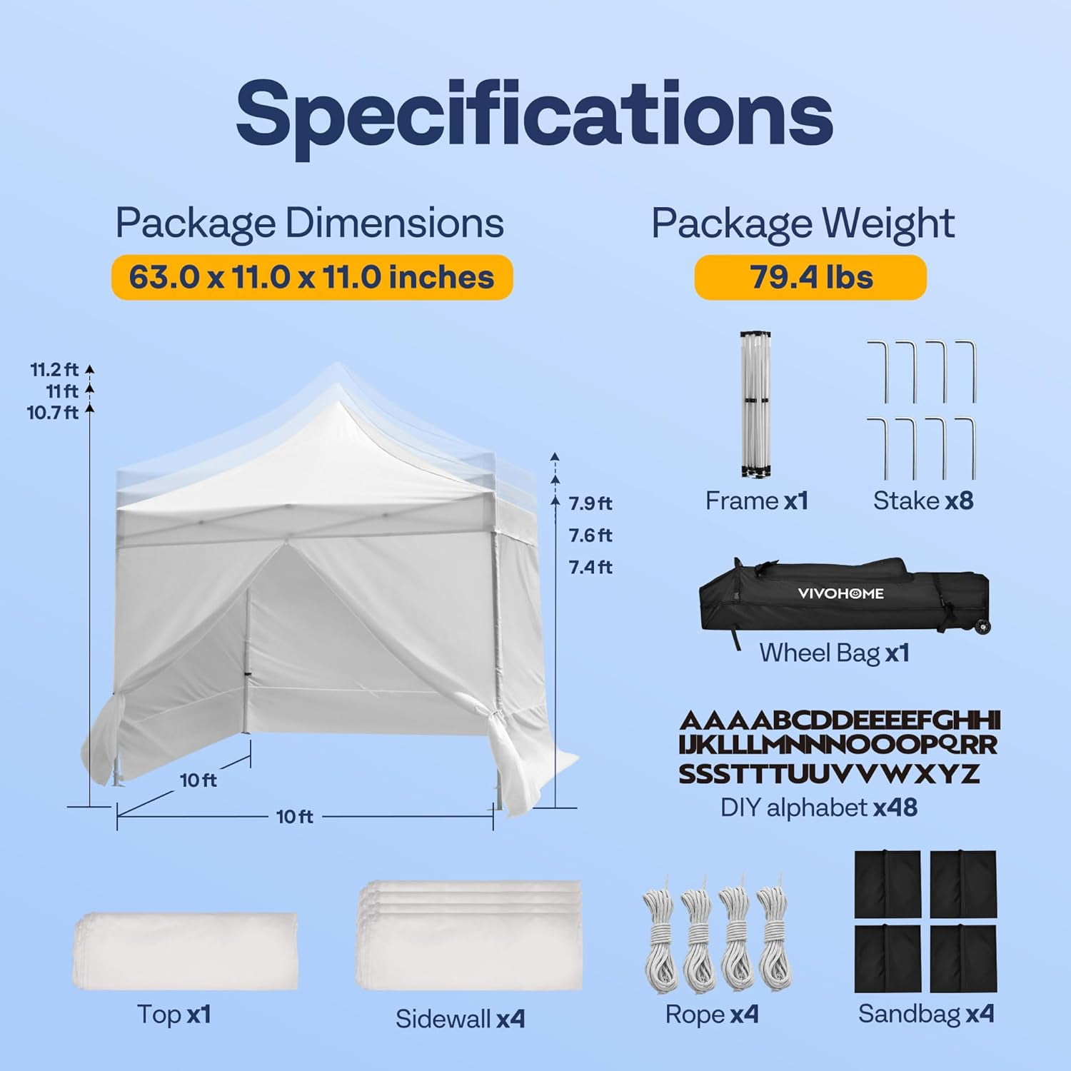SPECSTAR White Commercial Tent 10' x 10' Instant Pop-up Straight Leg Canopy with Sidewalls & DIY Alphabet