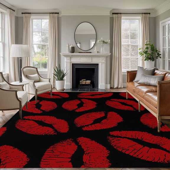 Area Rug for Living Room, Red Lips Non-Slip Indoor Large Carpet for Bedroom/Dining Room, Modern Abstract Romantic Texture Aesthetic Washable Low-Profile Rectangle Floor Runner Rugs - 5 x 7 Ft