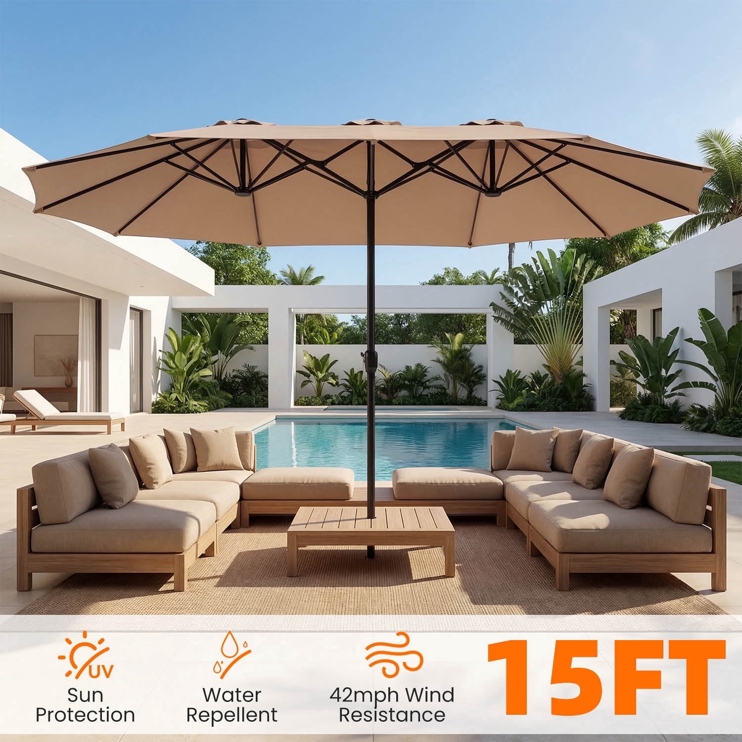 15ft Outdoor Patio Umbrella Extra-Large Double-Sided Garden Umbrella with Crank Handle - Beige