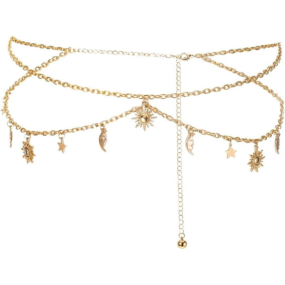 Qianyu Gold Chain Belt Metal Adjustable Waist Link Belt Elegant Multilayer Skinny Chain Waistband Sun and Moon Decor Belts for Women Christmas Dresses Western Jeans Sweater Halloween