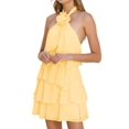 thumbnail image 2 of Women's Floral Backless Mini Halter Neck Applique Layered Ruffled Hem Dress for Party Yellow L, 2 of 9
