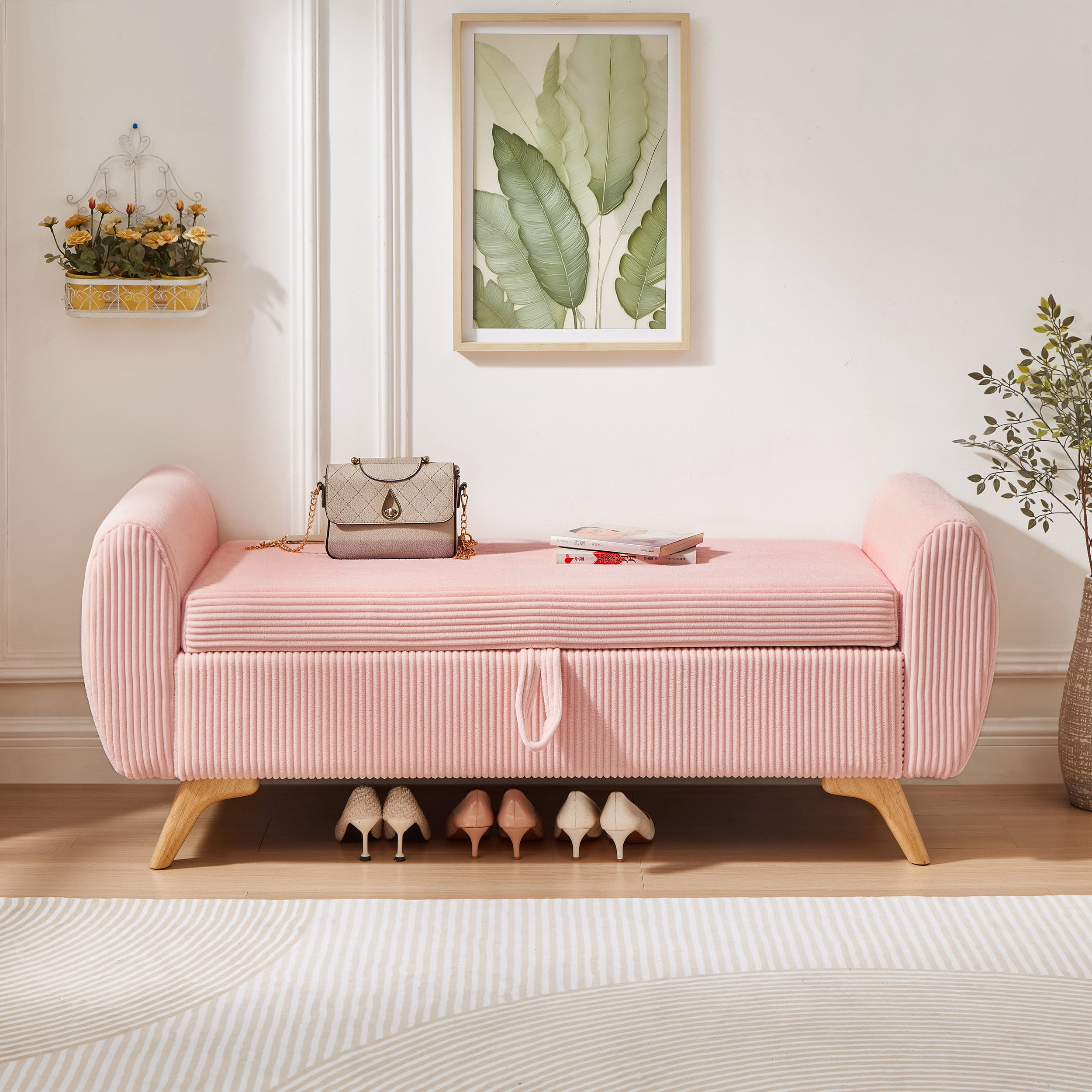 Storage Bed Bench 57 Inch, Corduroy Upholstered Bench with Flip Top Storage for Bedroom Hallway, Pink