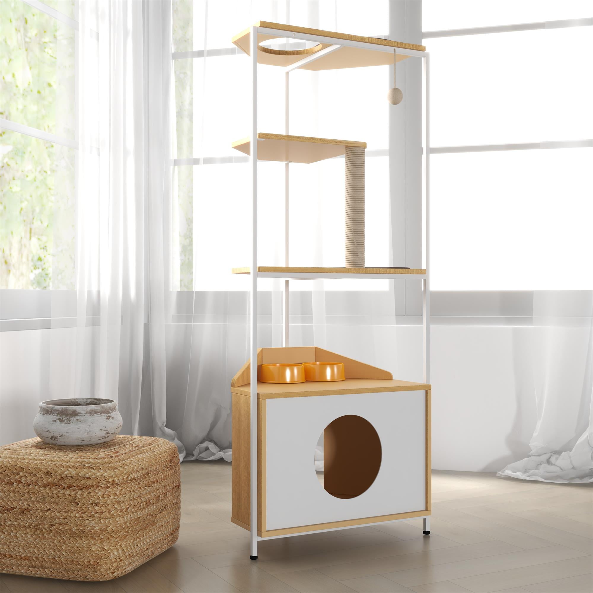Pefilos 58" Cat House for Indoor Cats with Feeding Station and Climbing Platforms, Corner Cat Tree Tower, Cat Condo Furniture, Beige Pefilos 58" Cat House for Indoor Cats with Feeding Station and Climbing Platforms, Corner Cat Tree Tower, Cat Condo Furniture, Beige