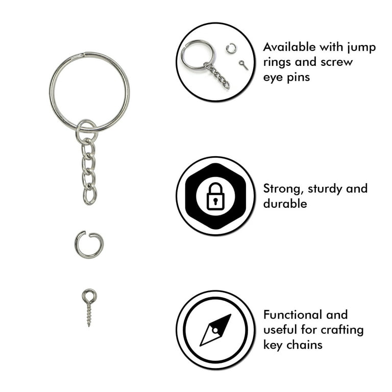 300 Silver Key Chain Rings Kit Keychain Rings Chain 100 Jump Ring 100 Screw  Eye Pins Jewelry Findings 3/5 Inch 4/5 Inch 1 Inch 6/5 Inch