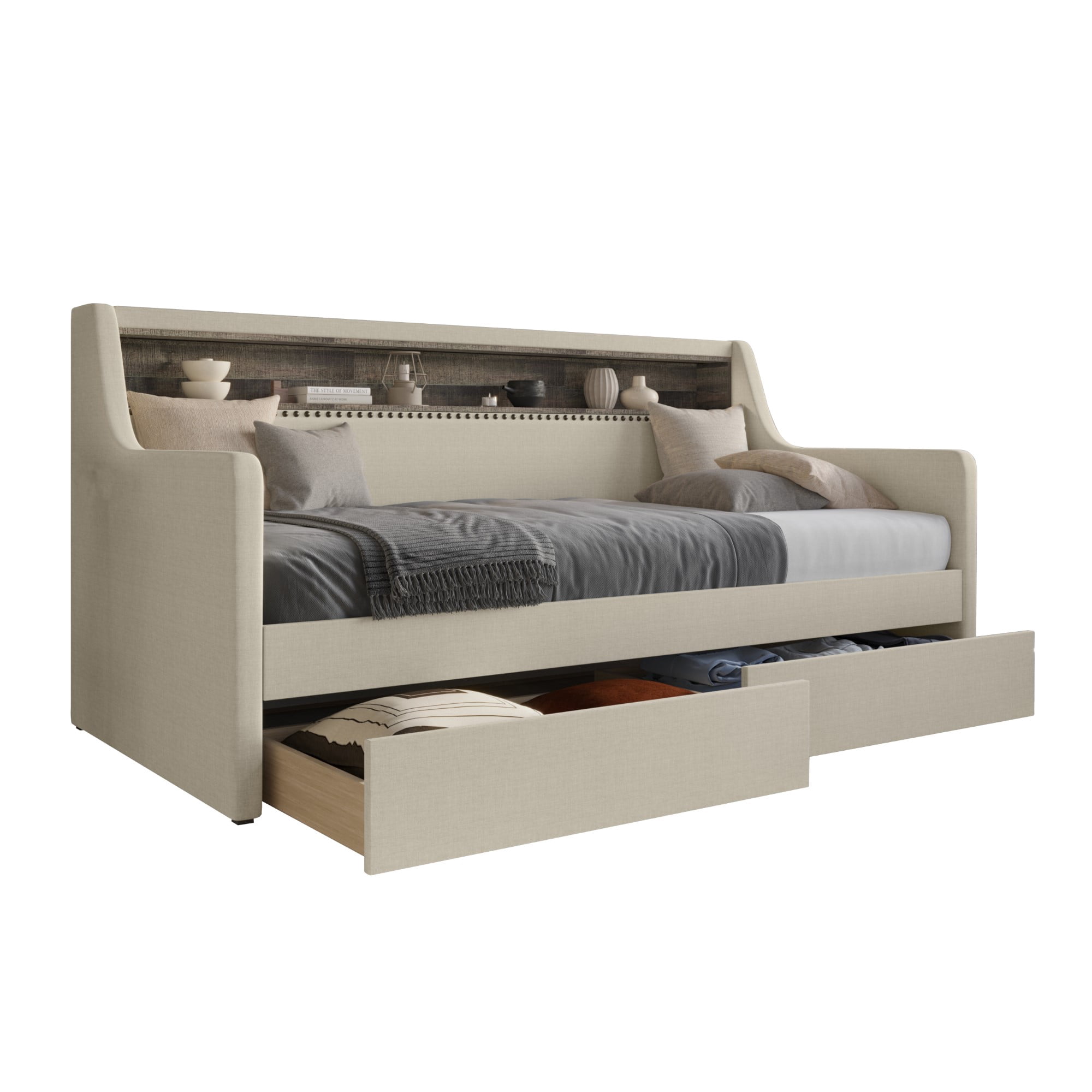Home Design Brianna Twin Daybed with Upholstered Frame, Nailhead Trim, Built-In Storage with Two Drawers, Stylish Seating and Sleeping Solution, Beige