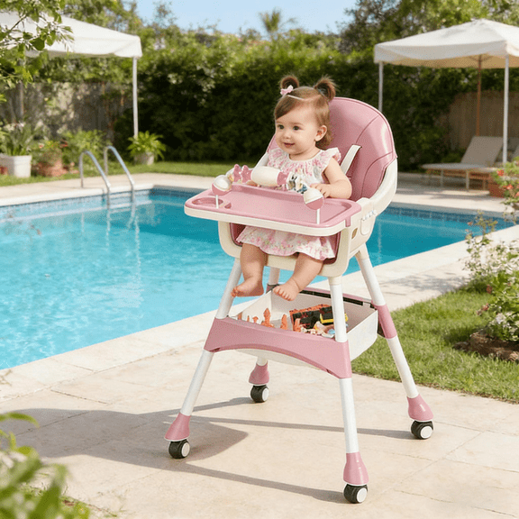 Portable Baby High Chair with Lockable Wheels, Multi-Use Toddler Feeding Chair with Toy Storage Basket, Blue