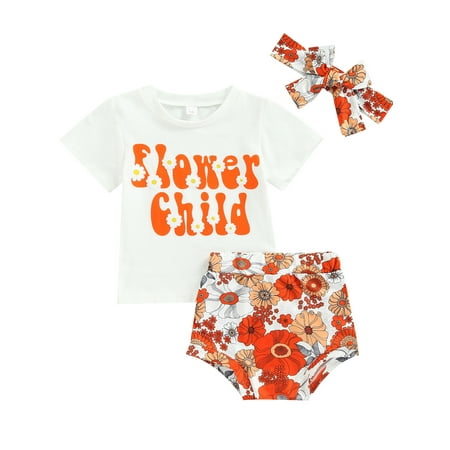 

CenturyX Newborn Baby Girls Summer 3pcs Outfits Short Sleeve Tops Floral Print Shorts Headband Clothes Orange 12-18 Months