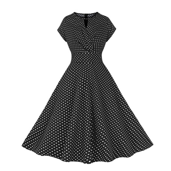 Women's Vintage 1950's Dress Crewneck Polka Dot Cap Sleeve Prom Dress Casual A Line Swing Tea Party Dresses