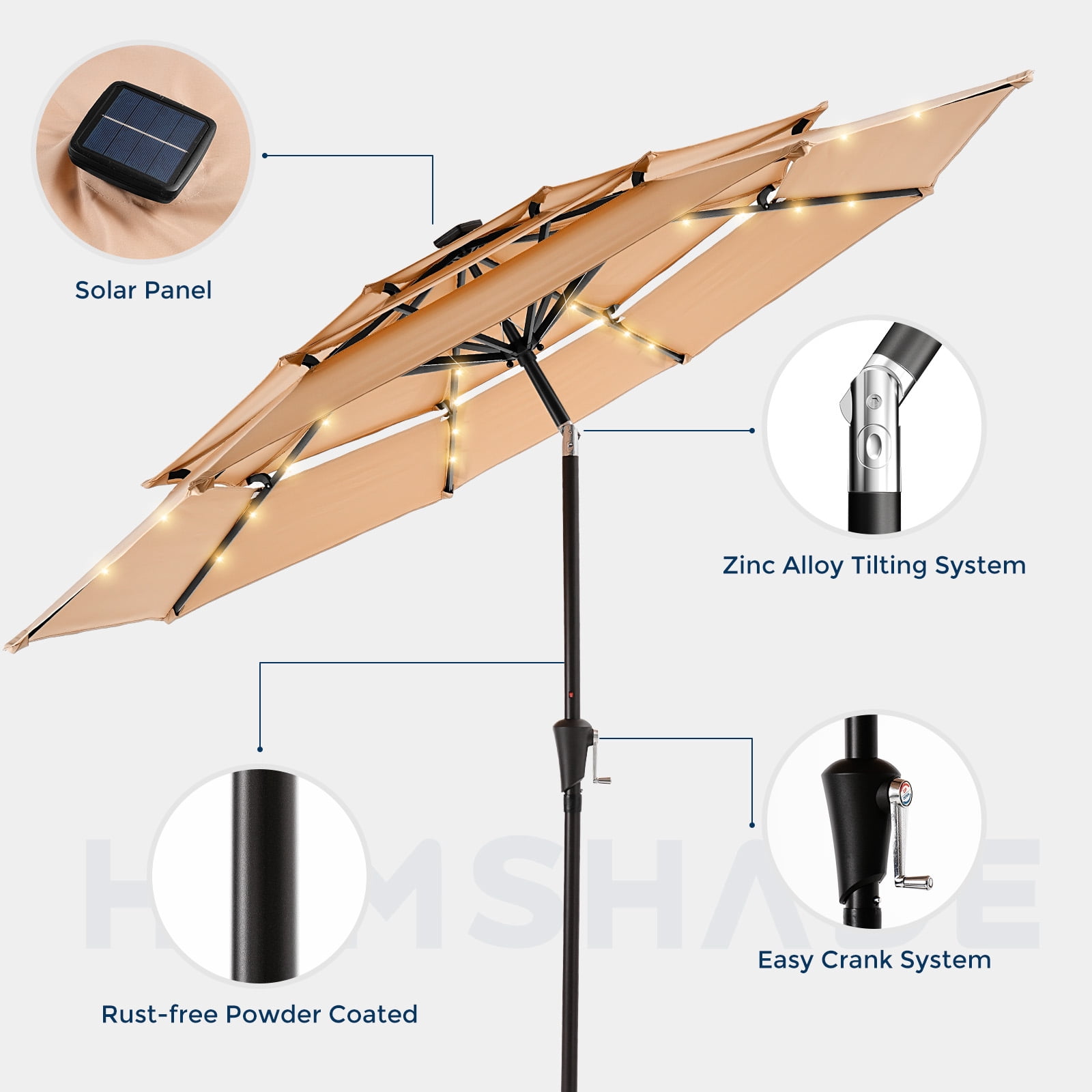 Patbrela 9ft 3-Tier Solar Patio Umbrella with LED Lights, Tilt Adjustment Outdoor Umbrella, Market Sun Shade for Beach, Backyard, Deck, Poolside, Beige