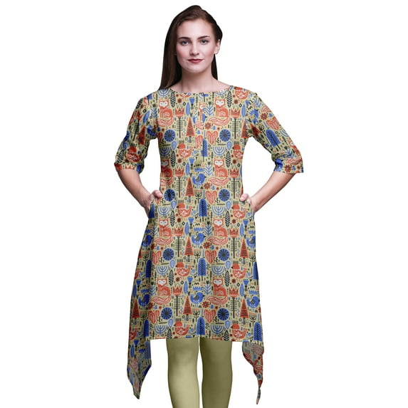 Bimba Beige Tree & Fox Folk Art Printed Asymmetrical Kurti Tops For Women Indian Summer Dress Tunic XXX-Large