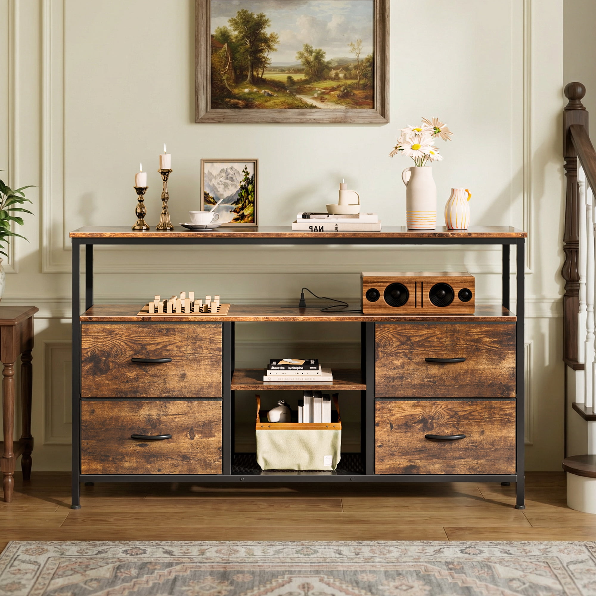Amadwell TV Stand with Power Outlets & LED Lights, 4 Drawer Dresser Entertainment Center, Media Console with Open Shelf