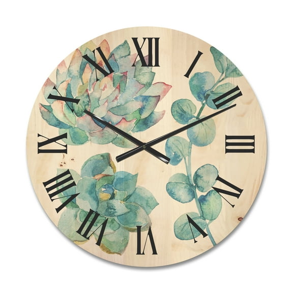 Designart 'Succulents and Eucalyptus Leaves' Traditional Wood Wall Clock
