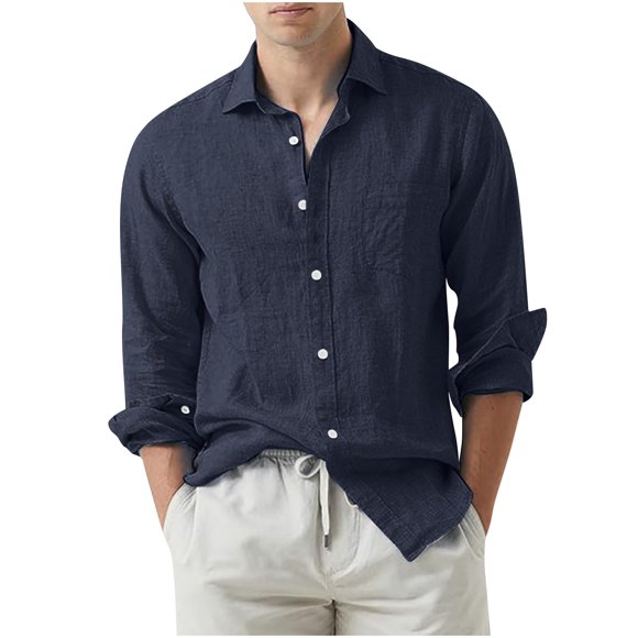 Mens Linen Shirt,Mens Cotton and Linen Solid Color Long-Sleeved Lapel Top/Shirt,Mens Linen Pants,Shirts for Men Mens Shirts
