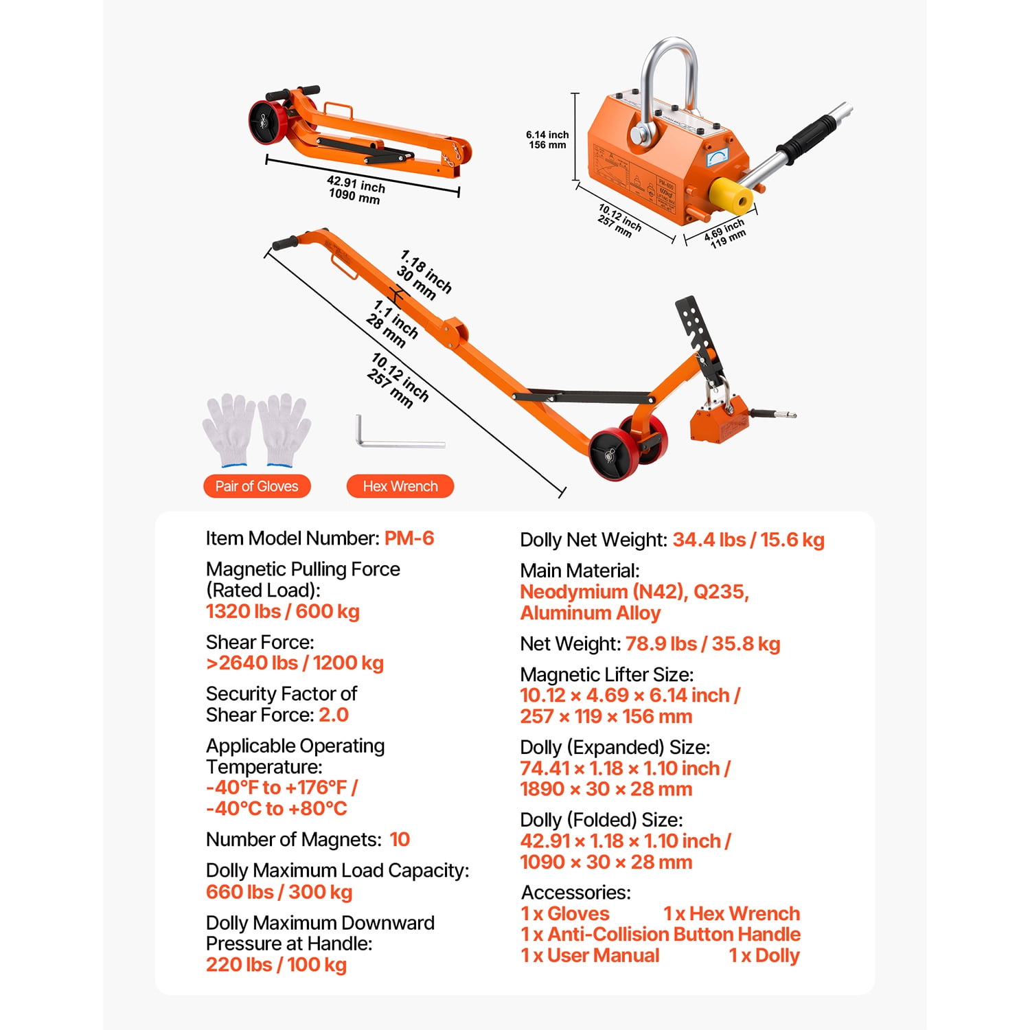 KFFKFF Magnetic Lid Lifter Dolly with 1320 lbs Pulling Capacity, Steel Construction, Durable Magnet Lift, Two Wheels, Adjustable Handle, N42 Neodymium, Foldable Design for Easy Transport
