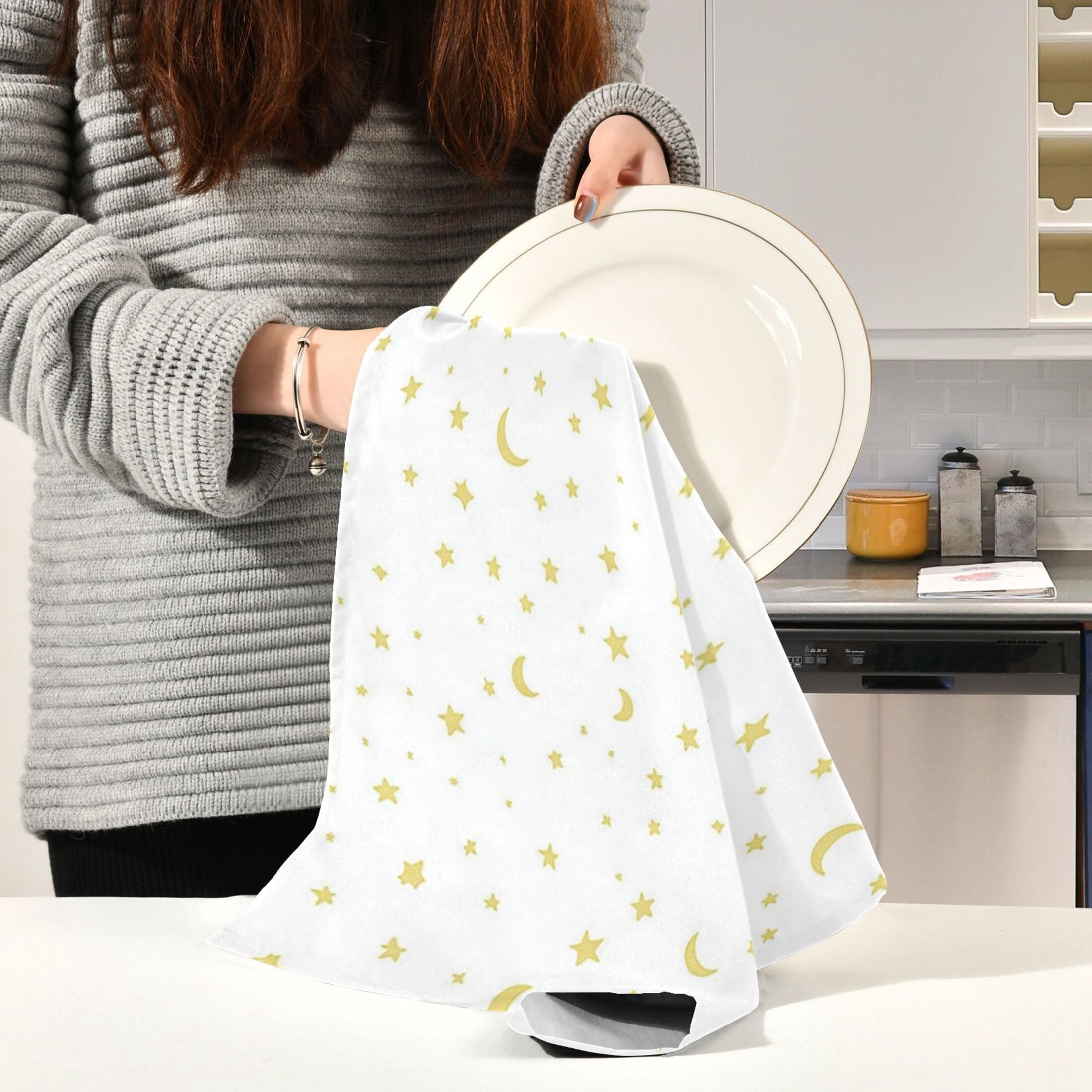 Yellow Stars and Moons Kitchen Towels 6-Piece Pack Tea Towels for Kitchen Decorative Waffle Design 28x18in