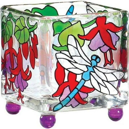 Ncaa Hand Painted Art Glass Dragonflies & Fuchsias Hand Painted Art Glass Mini Tea Light Candle Holder Candleware Joan Baker CCM1014 ()