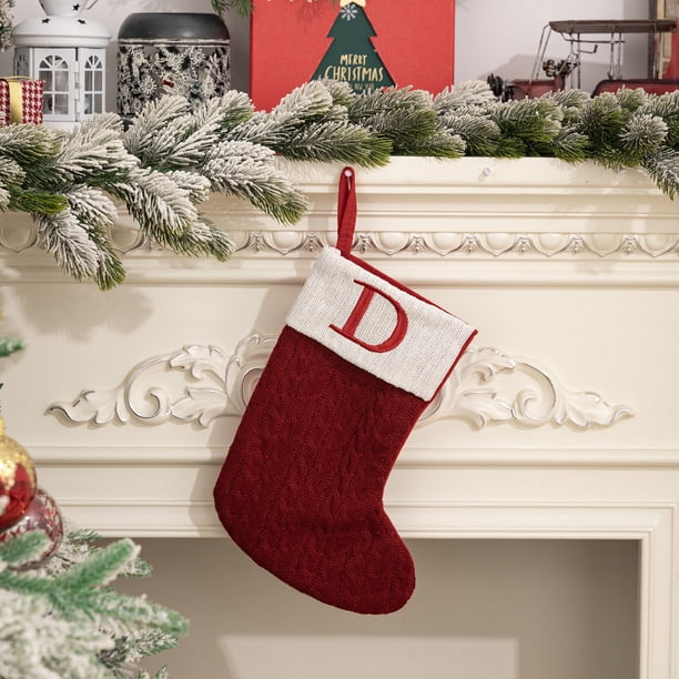 Calcetín navideño de punto | Medias navideñas con letras bordadas | Decoración para la repisa de la chimenea | Bolsa de regalo para dulces infantiles | Adorno navideño para el árbol