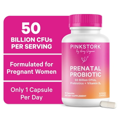 Pink Stork Prenatal Probiotics for Pregnancy, Digestive and Immune Support with Prebiotics & B6, 30 Servings