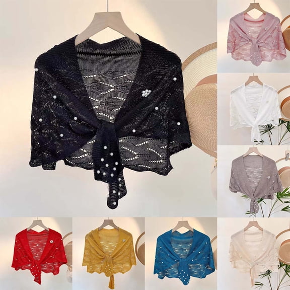 Shawl Wraps for Women,Knitted Shawl with Wave Pattern and Pearl Shoulder Strap, Thin Autumn Small Cape, Lightweight Layering Piece for Dresses and Shirts(Black)