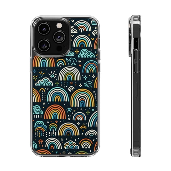 DistinctInk Hybrid (Acrylic / TPU) Clear Slim Fit Case for Apple iPhone 15 Pro MAX (6.7" Screen) - Colorful Minimalistic Hand-Drawn Rainbows on Black