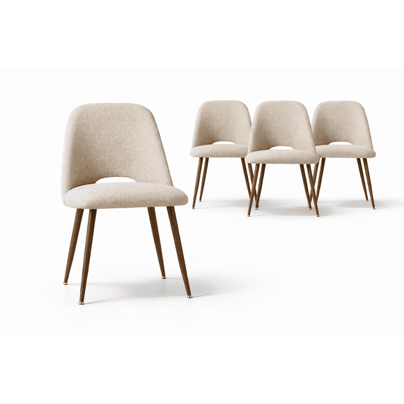 KOSSMAI Set of 4 Mid Century Modern Upholstered Dining Chairs, Fabric Padded Seat with Cut-Out Back, Walnut Metal Legs, Kitchen Dining Room Chairs Beige