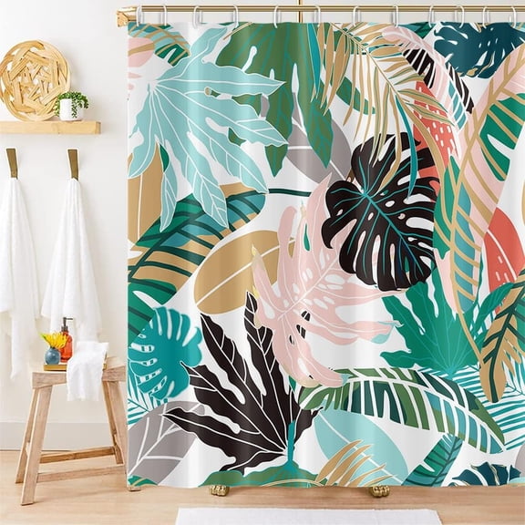 Tropical Leaves Shower Curtains Colorful Palm Banana Leaf Summer Jungle Style Shower Curtains Bathroom Decor Waterproof Polyester Fabric Sets with 12 Hooks, 72x72 Inch
