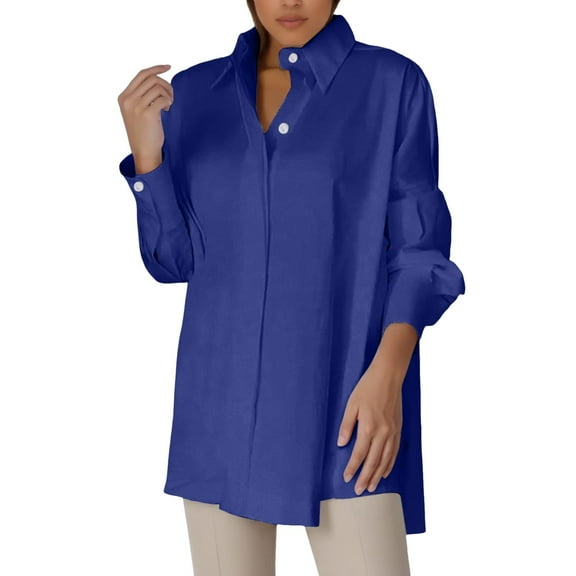 DuoJiaJ Women Loose Button Up Long Shirt Blouse Ladies V Neck Lapel Tunic Women's Long Sleeve Shirts Blue L