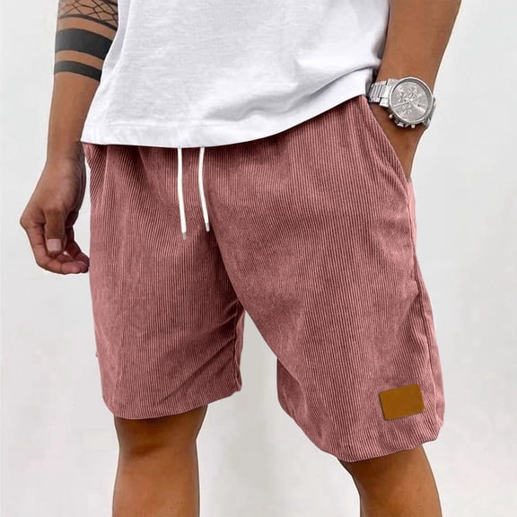 Mens Corduroy Shorts 7 Inch Casual Vintage Elastic Waist Relaxed Fit Summer Beach Short with Pockets Pink XL
