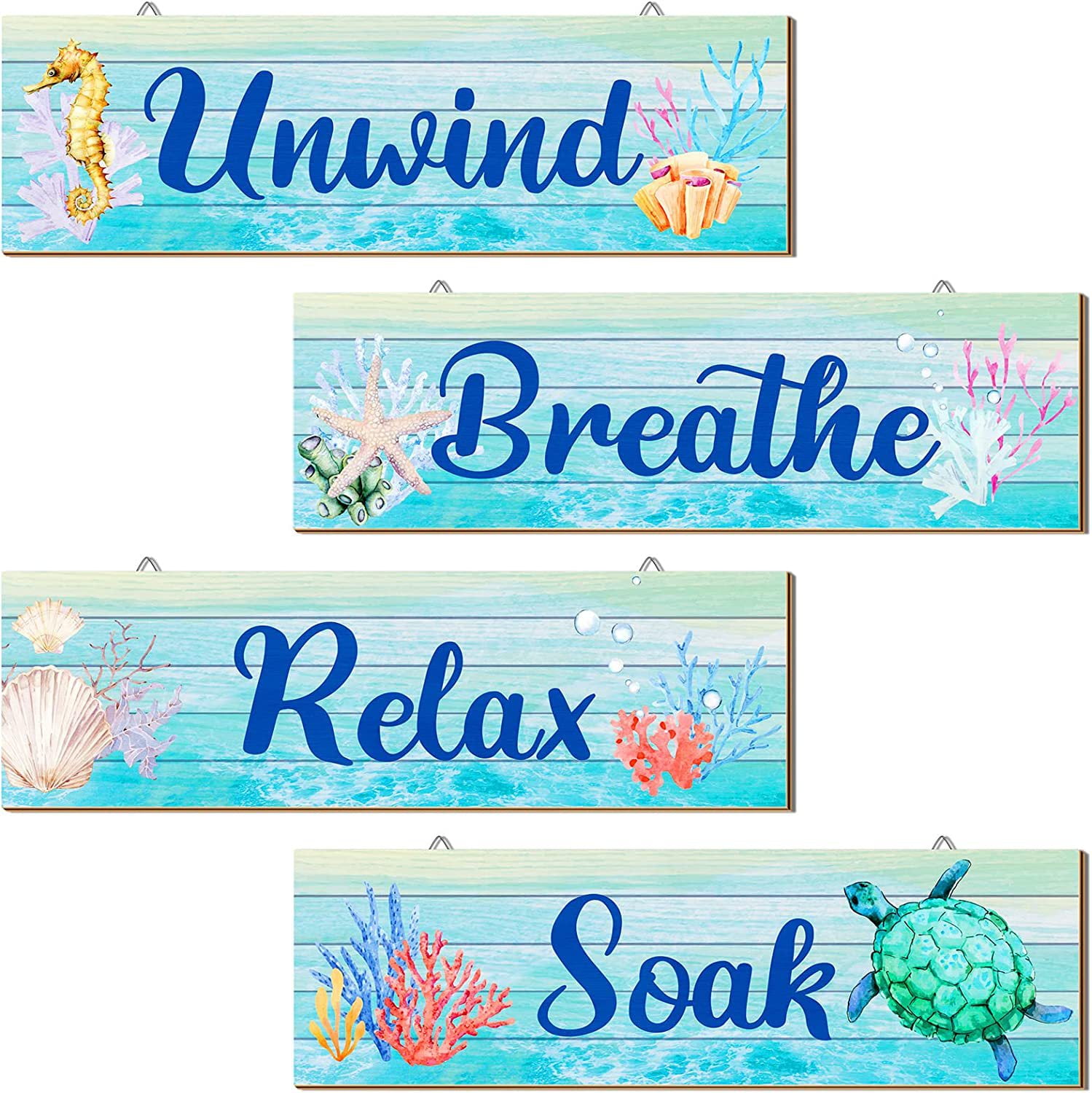 4 Pieces Ocean Beach Bathroom Wall Decors Wood Relax Soak Unwind