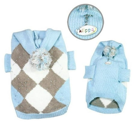 Klippo Pet KSW100SZ Argyle Pattern Hoodie Sweater With Pom pom, Light Blue - Small